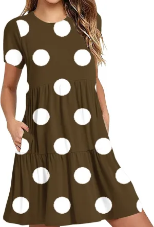 Womens Graphic T-Shirt Dress with Pockets Summer Scoop Neck Ruffle Dress Casual Soft Dot Print Short Sleeve Sundress