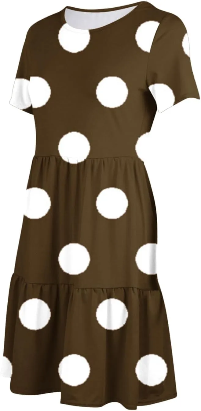 Womens Graphic T-Shirt Dress with Pockets Summer Scoop Neck Ruffle Dress Casual Soft Dot Print Short Sleeve Sundress