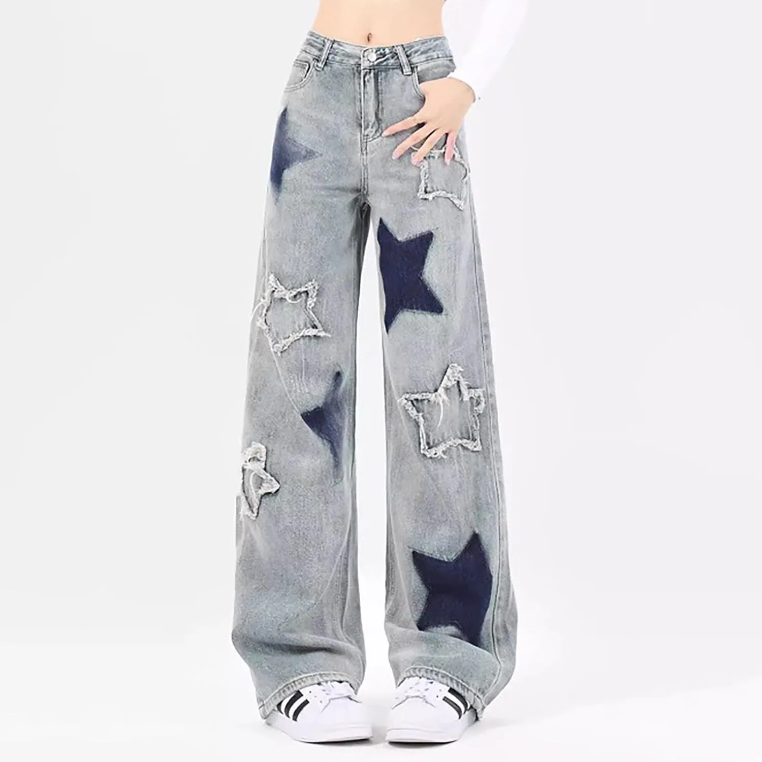 Womens High Waisted Cargo Jeans Wide Straight Leg Tummy Control Trendy Boyfriend Denim Pants Casual Baggy Jean Trousers