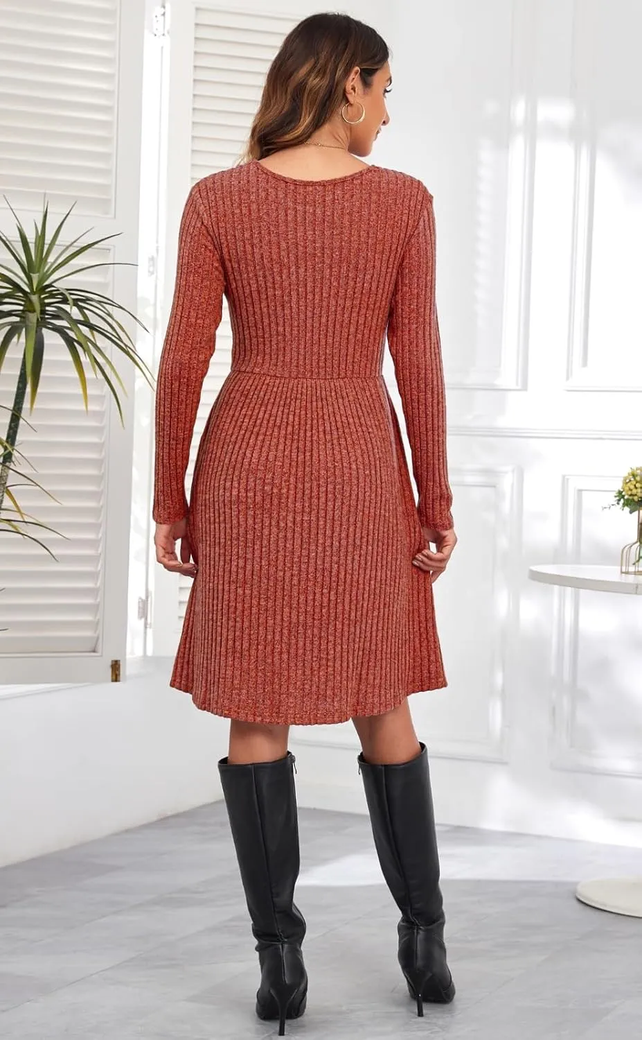 Women's Knit Textured Sweater Dresses Long Sleeve Loose Casual Pleated Fall Dress with Pockets