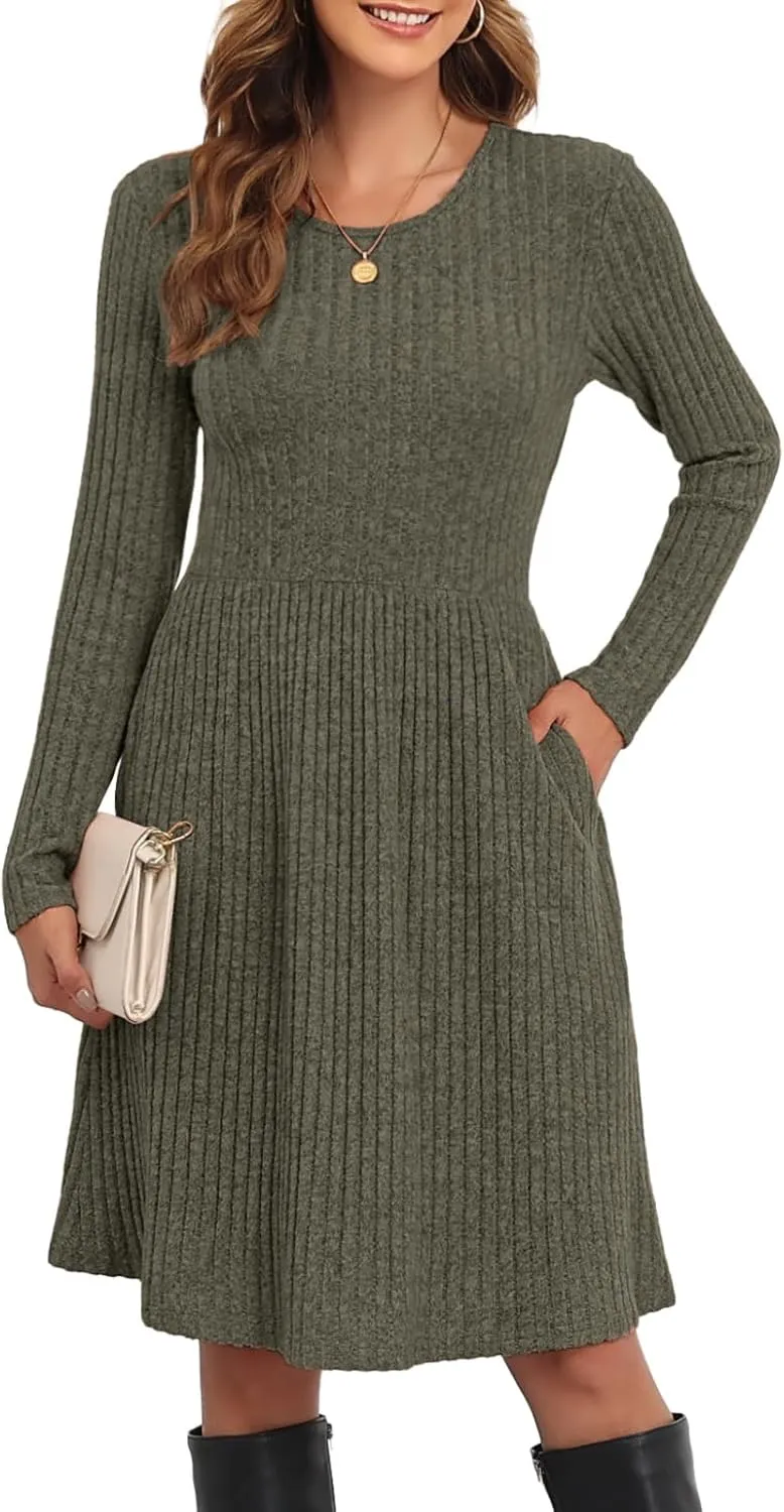 Women's Knit Textured Sweater Dresses Long Sleeve Loose Casual Pleated Fall Dress with Pockets