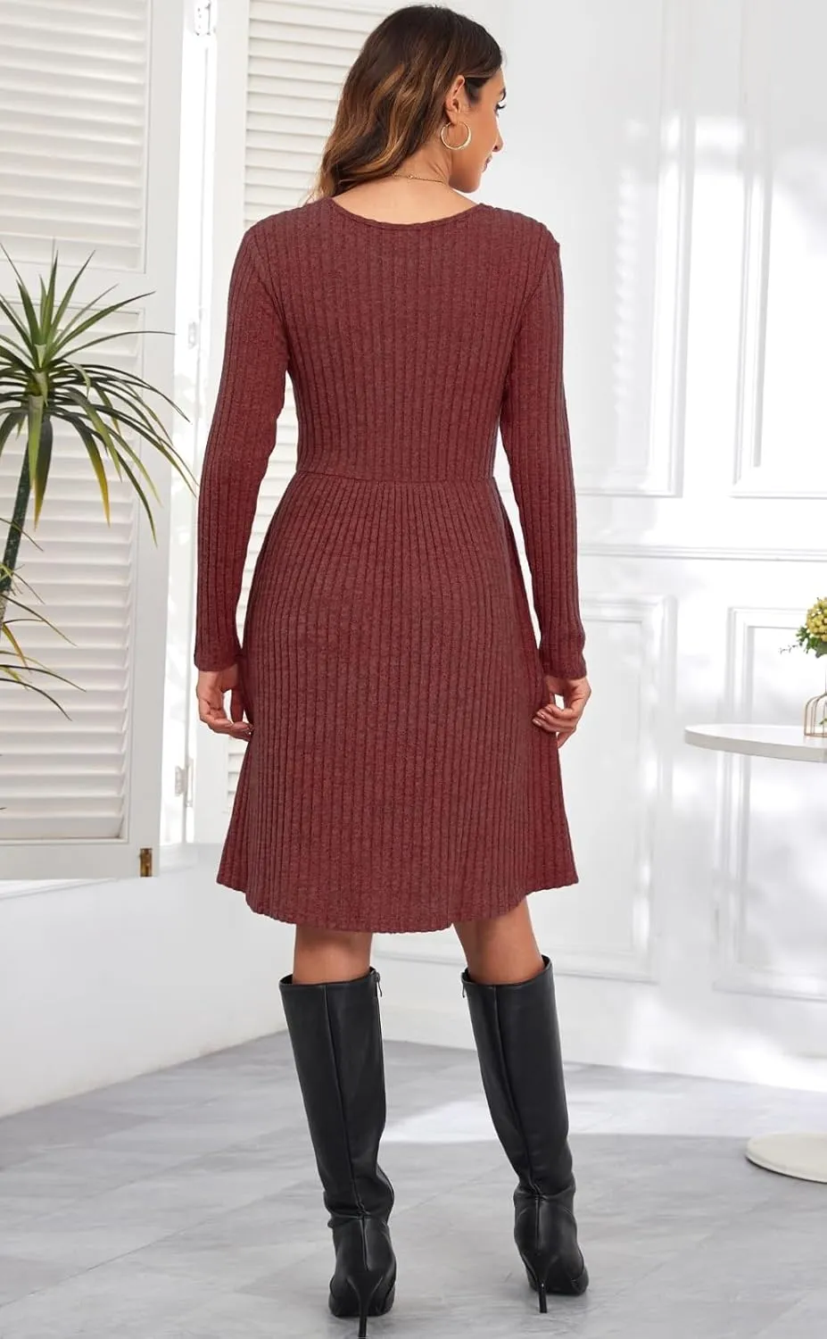Women's Knit Textured Sweater Dresses Long Sleeve Loose Casual Pleated Fall Dress with Pockets