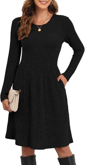Women's Knit Textured Sweater Dresses Long Sleeve Loose Casual Pleated Fall Dress with Pockets
