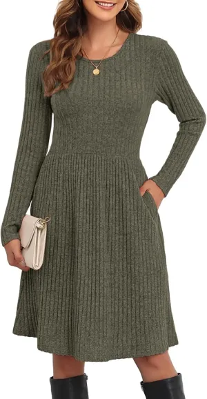 Women's Knit Textured Sweater Dresses Long Sleeve Loose Casual Pleated Fall Dress with Pockets