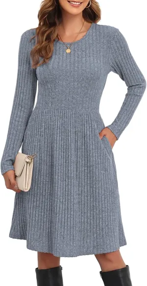 Women's Knit Textured Sweater Dresses Long Sleeve Loose Casual Pleated Fall Dress with Pockets