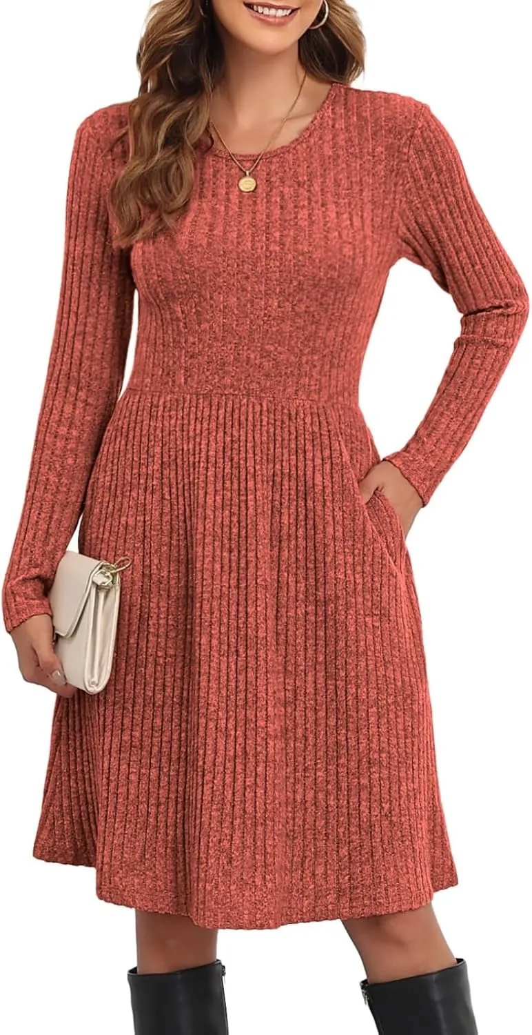 Women's Knit Textured Sweater Dresses Long Sleeve Loose Casual Pleated Fall Dress with Pockets