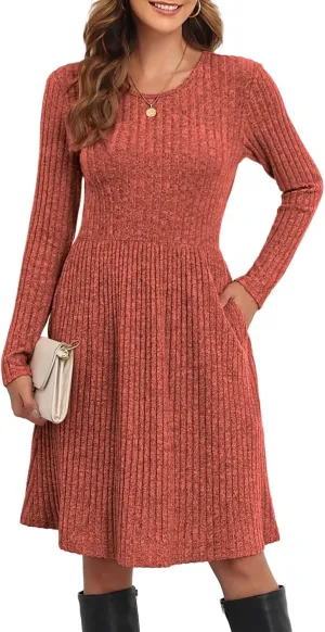 Women's Knit Textured Sweater Dresses Long Sleeve Loose Casual Pleated Fall Dress with Pockets