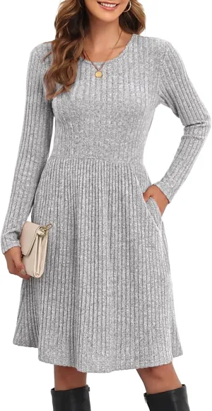 Women's Knit Textured Sweater Dresses Long Sleeve Loose Casual Pleated Fall Dress with Pockets