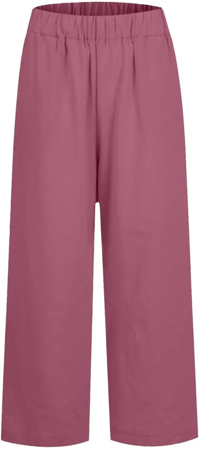 Womens Linen Cropped Pants High Waisted Summer Beach Pants Elastic Waist Tapered Pants Casual Ankle Length Trousers