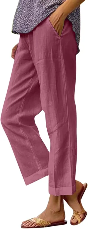 Womens Linen Cropped Pants High Waisted Summer Beach Pants Elastic Waist Tapered Pants Casual Ankle Length Trousers
