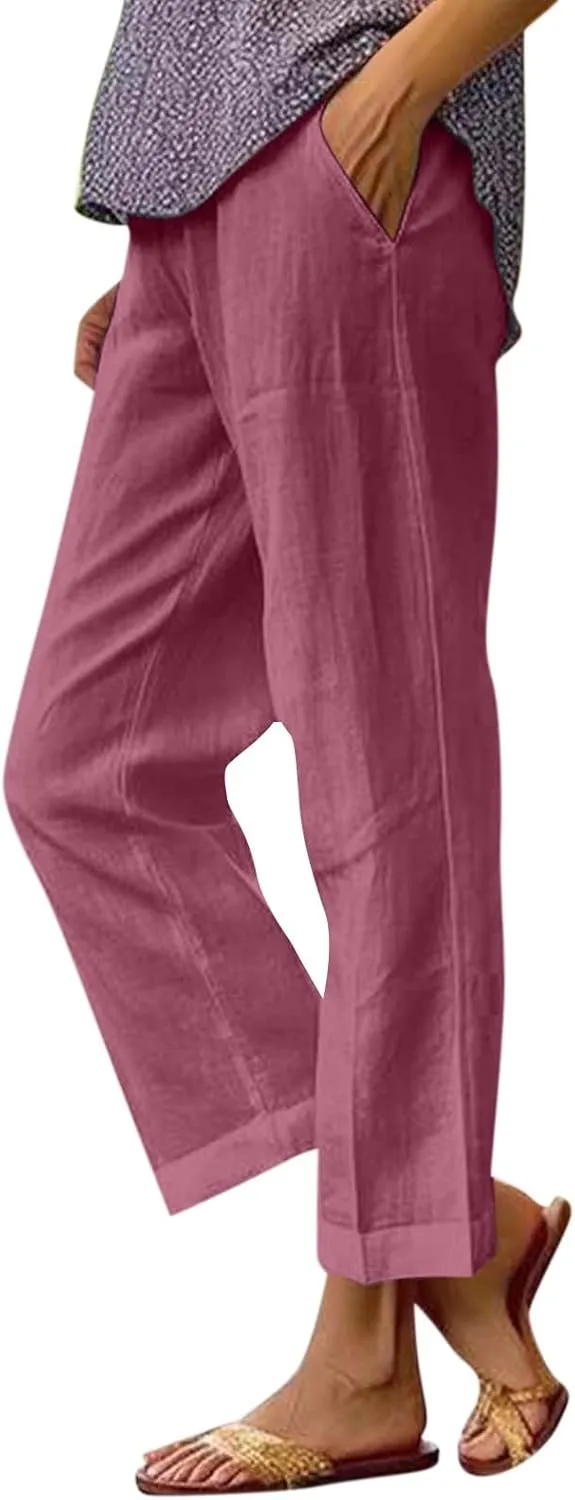 Womens Linen Cropped Pants High Waisted Summer Beach Pants Elastic Waist Tapered Pants Casual Ankle Length Trousers