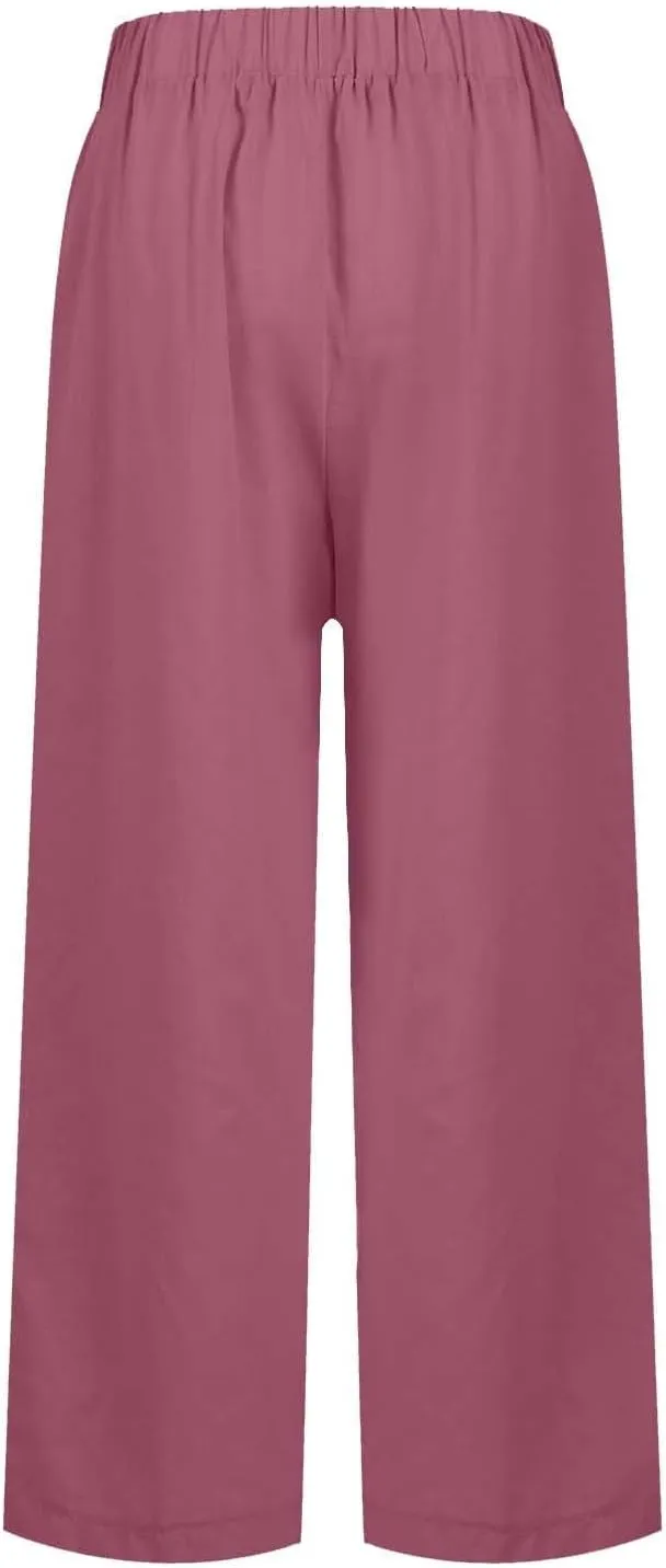Womens Linen Cropped Pants High Waisted Summer Beach Pants Elastic Waist Tapered Pants Casual Ankle Length Trousers
