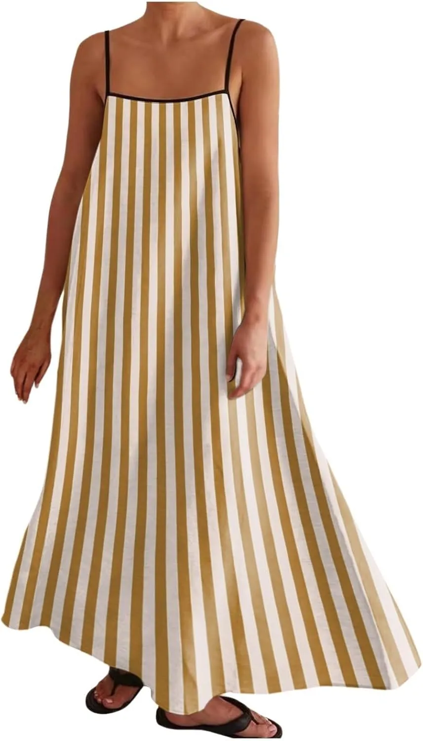 Womens Linen Maxi Dress Contrast Trim Spaghetti Straps Summer Outfits Sleeveless Long Dresses Women's Maxi Dress