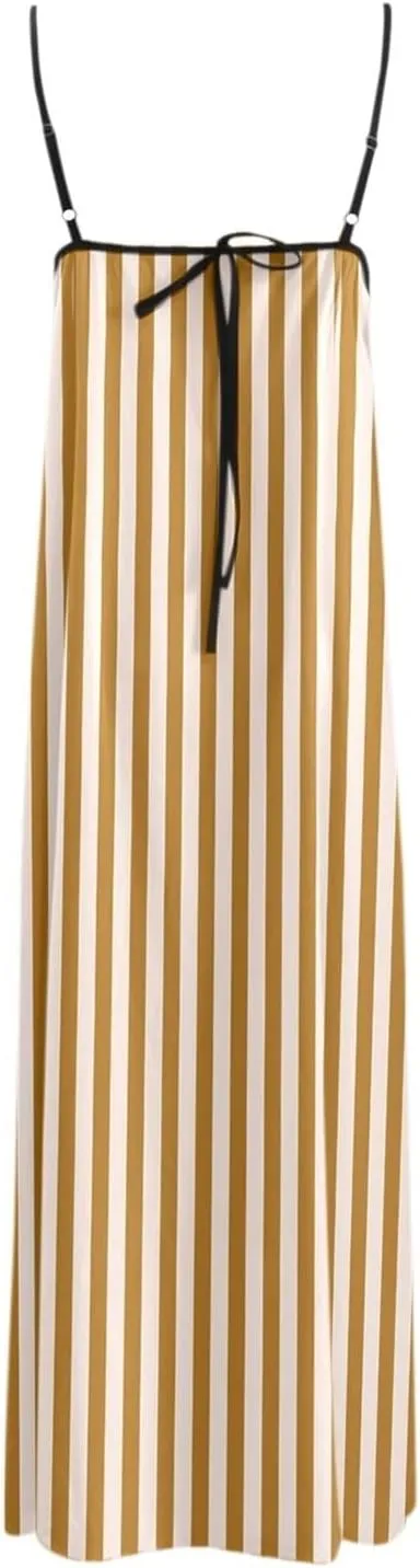 Womens Linen Maxi Dress Contrast Trim Spaghetti Straps Summer Outfits Sleeveless Long Dresses Women's Maxi Dress