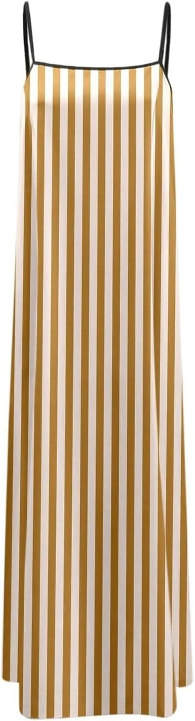 Womens Linen Maxi Dress Contrast Trim Spaghetti Straps Summer Outfits Sleeveless Long Dresses Women's Maxi Dress