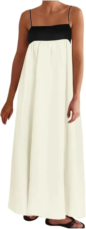 Womens Linen Maxi Dress Contrast Trim Spaghetti Straps Summer Outfits Sleeveless Long Dresses Women's Maxi Dress
