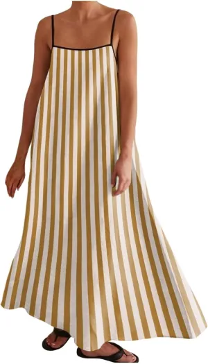 Womens Linen Maxi Dress Contrast Trim Spaghetti Straps Summer Outfits Sleeveless Long Dresses Women's Maxi Dress