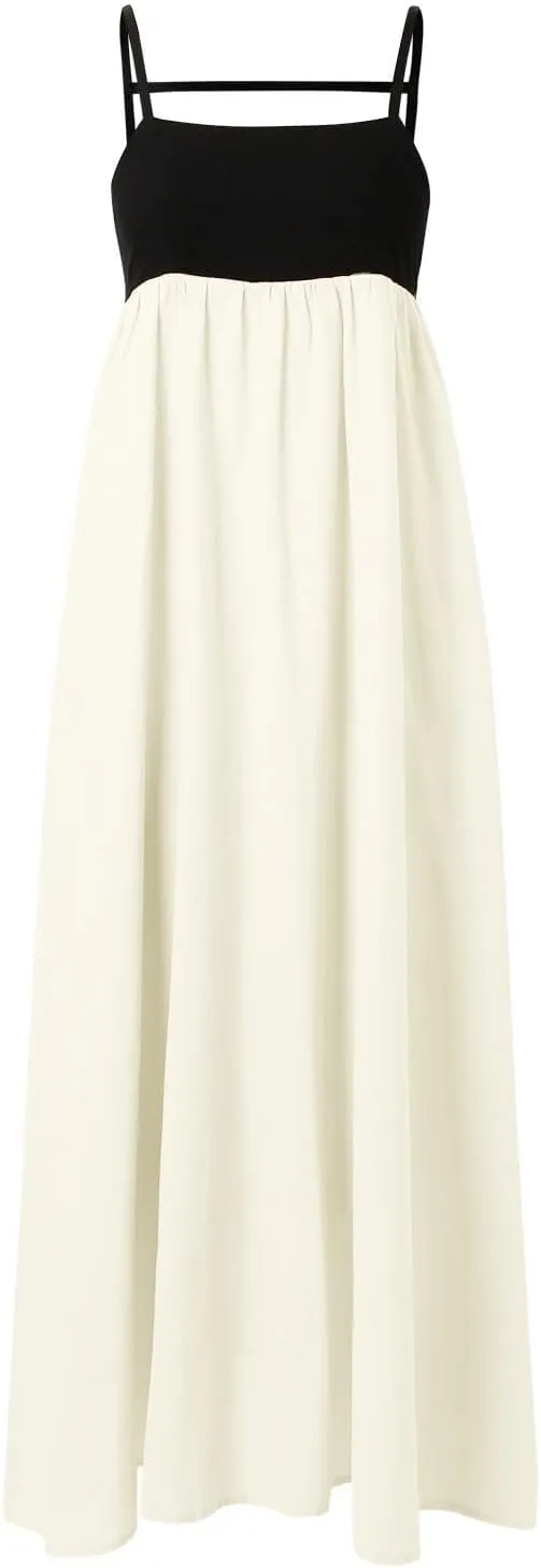 Womens Linen Maxi Dress Contrast Trim Spaghetti Straps Summer Outfits Sleeveless Long Dresses Women's Maxi Dress