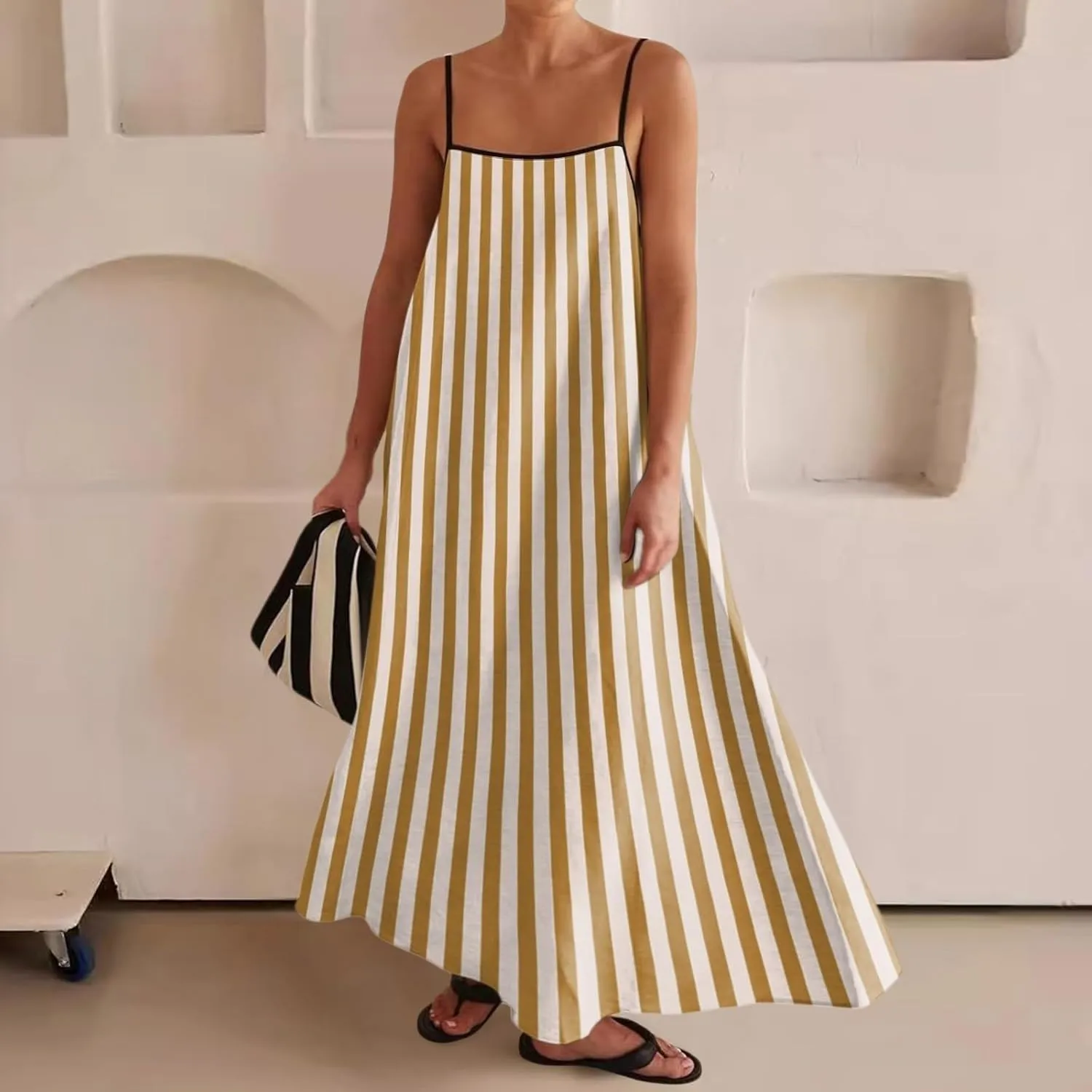 Womens Linen Maxi Dress Contrast Trim Spaghetti Straps Summer Outfits Sleeveless Long Dresses Women's Maxi Dress