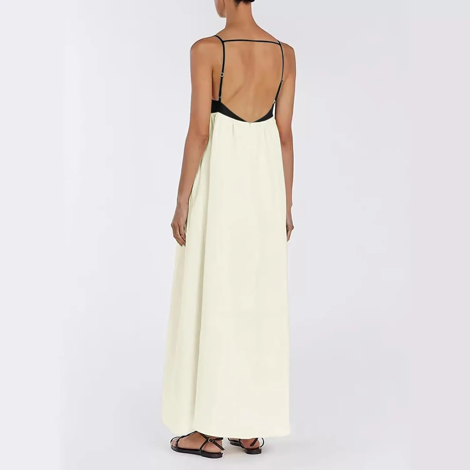 Womens Linen Maxi Dress Contrast Trim Spaghetti Straps Summer Outfits Sleeveless Long Dresses Women's Maxi Dress