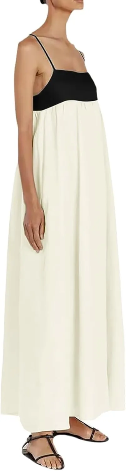Womens Linen Maxi Dress Contrast Trim Spaghetti Straps Summer Outfits Sleeveless Long Dresses Women's Maxi Dress