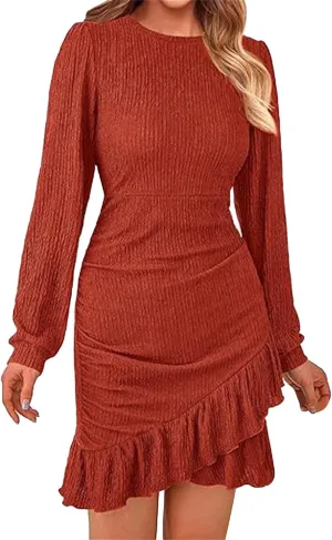 Women's Long Puff Sleeve Ruched Bodycon Mini Short Dress Fall Ruffle Fitted Cocktail Spring Dresses