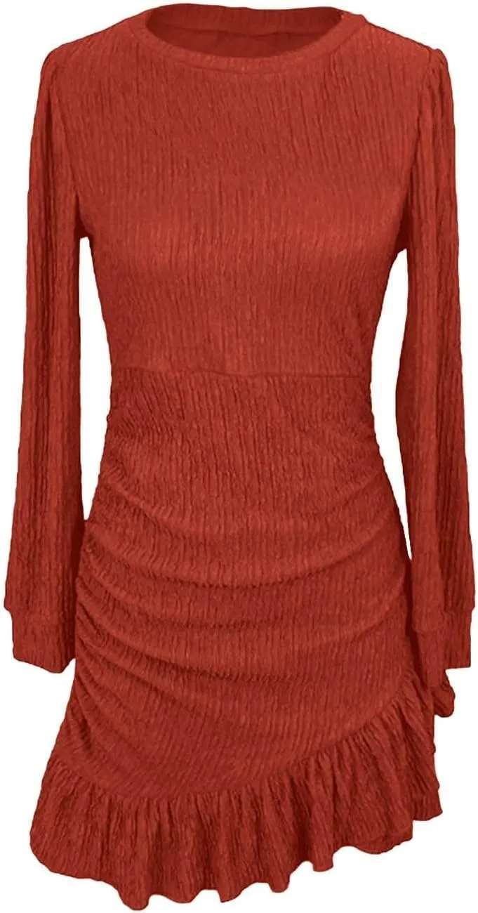 Women's Long Puff Sleeve Ruched Bodycon Mini Short Dress Fall Ruffle Fitted Cocktail Spring Dresses