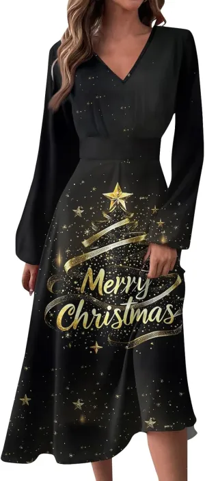 Women's Long Sleeve Dressy Dresses Casual V-Neck Fashion Midi Winter Christmas Printed Trendy Swing Dress