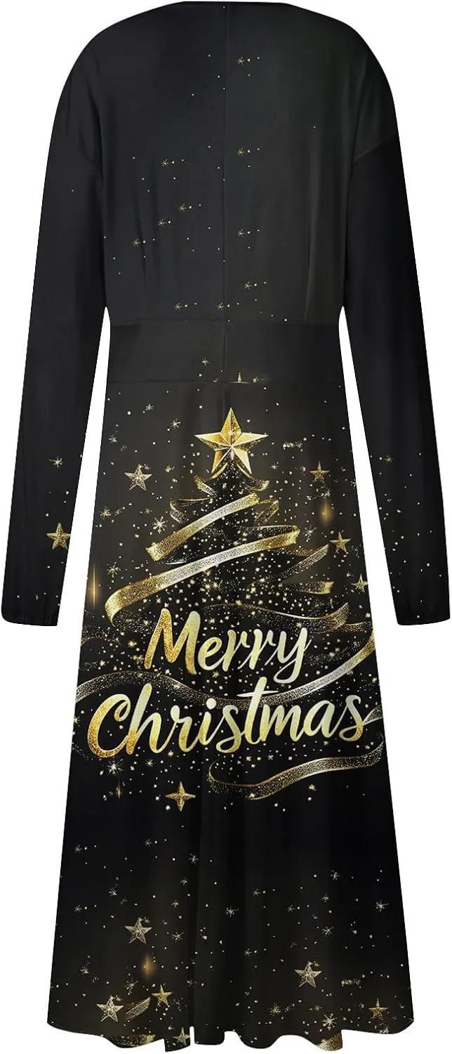 Women's Long Sleeve Dressy Dresses Casual V-Neck Fashion Midi Winter Christmas Printed Trendy Swing Dress