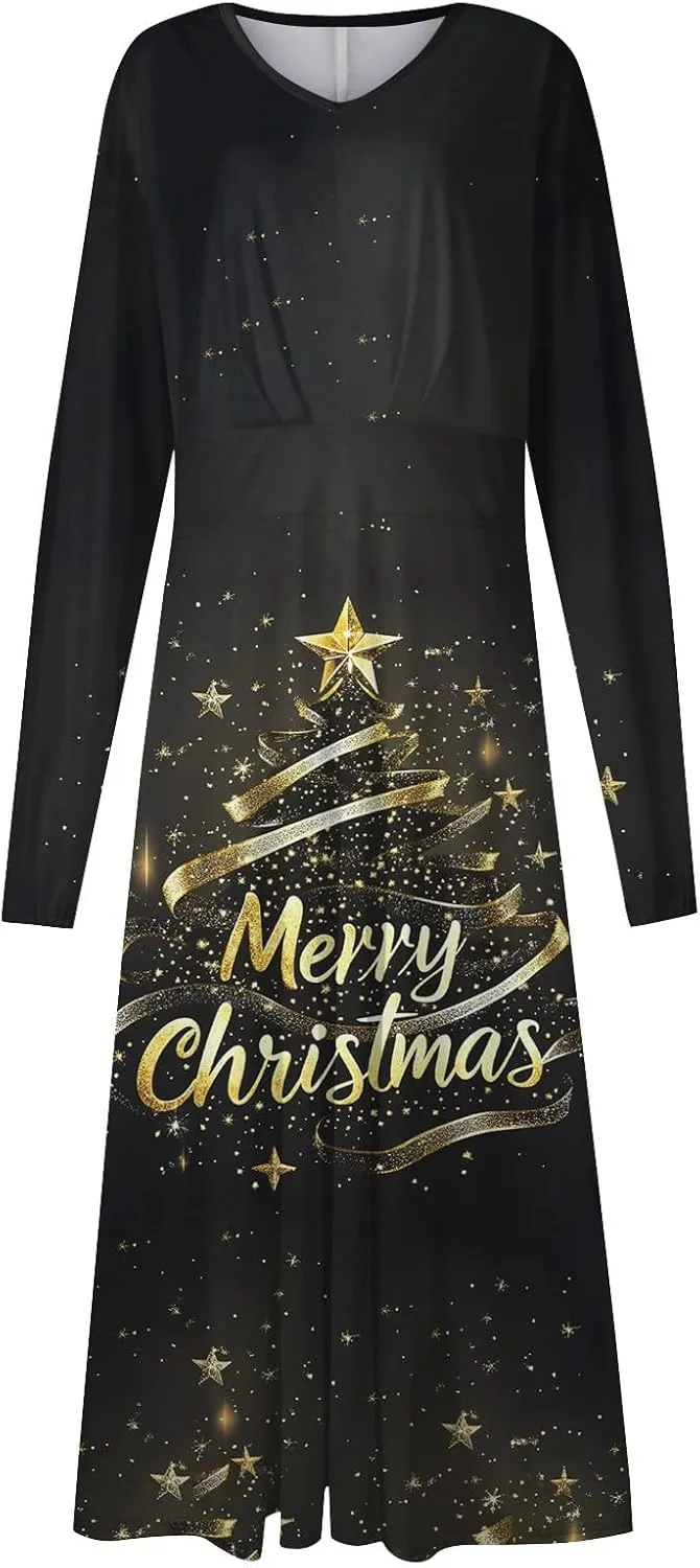 Women's Long Sleeve Dressy Dresses Casual V-Neck Fashion Midi Winter Christmas Printed Trendy Swing Dress