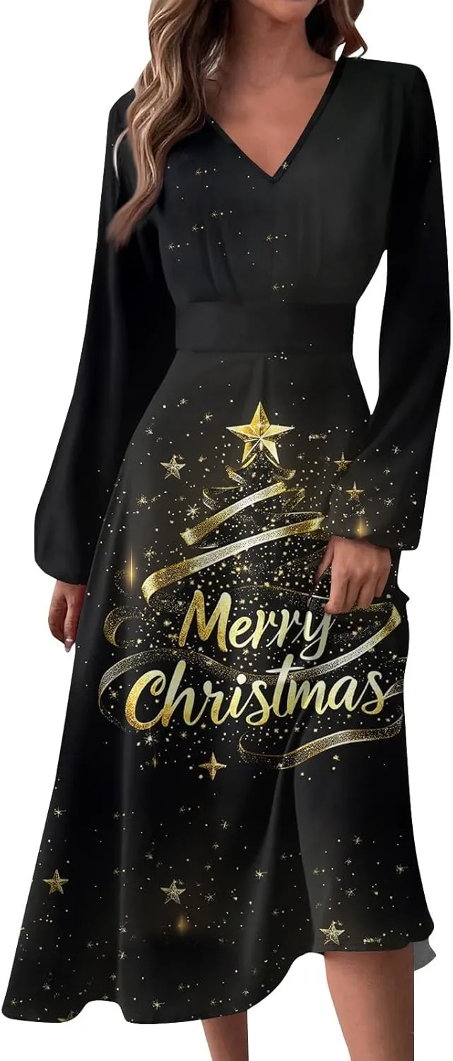 Women's Long Sleeve Dressy Dresses Casual V-Neck Fashion Midi Winter Christmas Printed Trendy Swing Dress