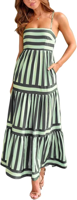 Women's Maxi Boho Dress Striped Print Sleeveless Spaghetti Straps Square Neck Dresses Beach Sundress with Pockets