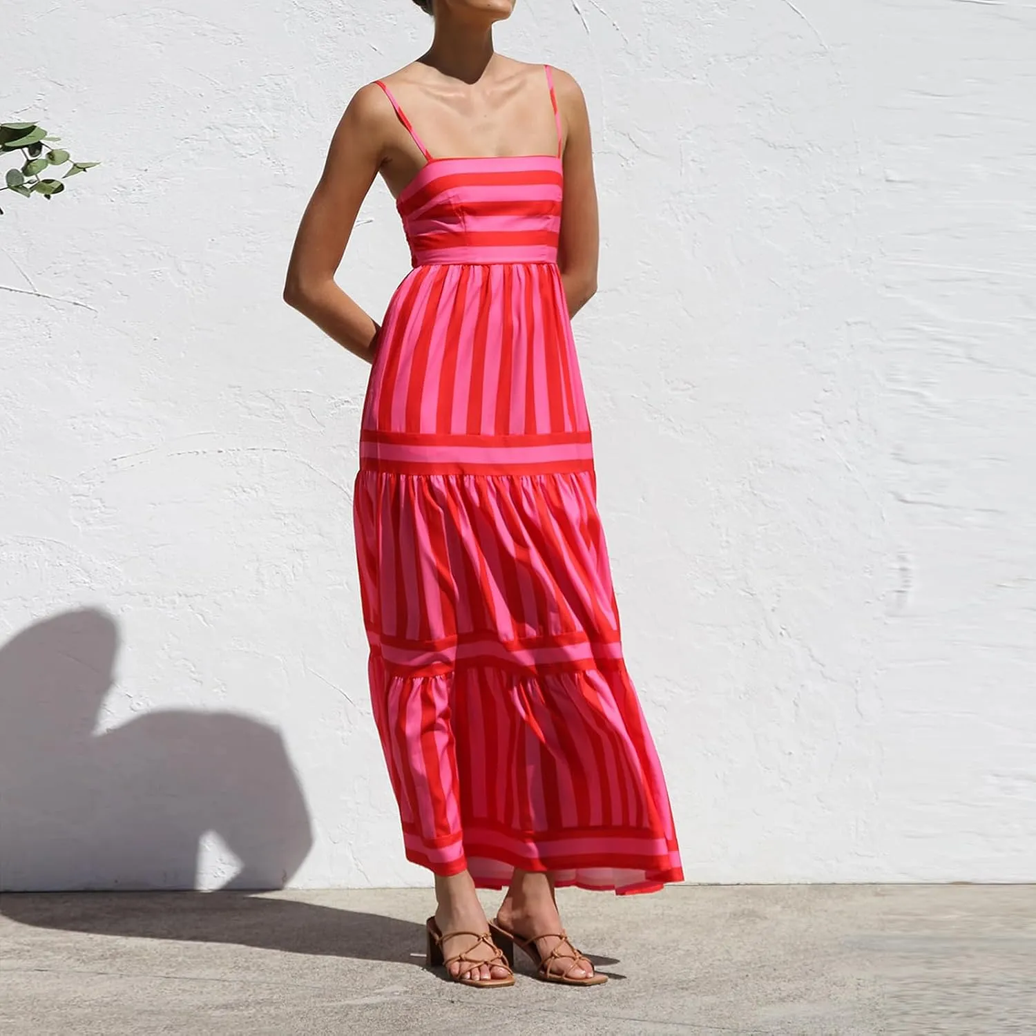 Women's Maxi Boho Dress Striped Print Sleeveless Spaghetti Straps Square Neck Dresses Beach Sundress with Pockets