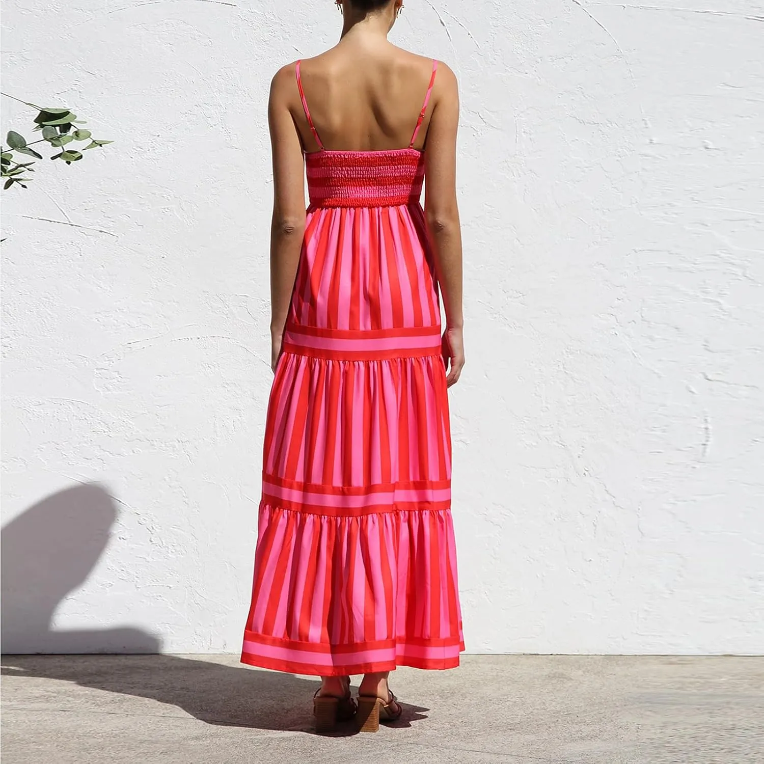Women's Maxi Boho Dress Striped Print Sleeveless Spaghetti Straps Square Neck Dresses Beach Sundress with Pockets