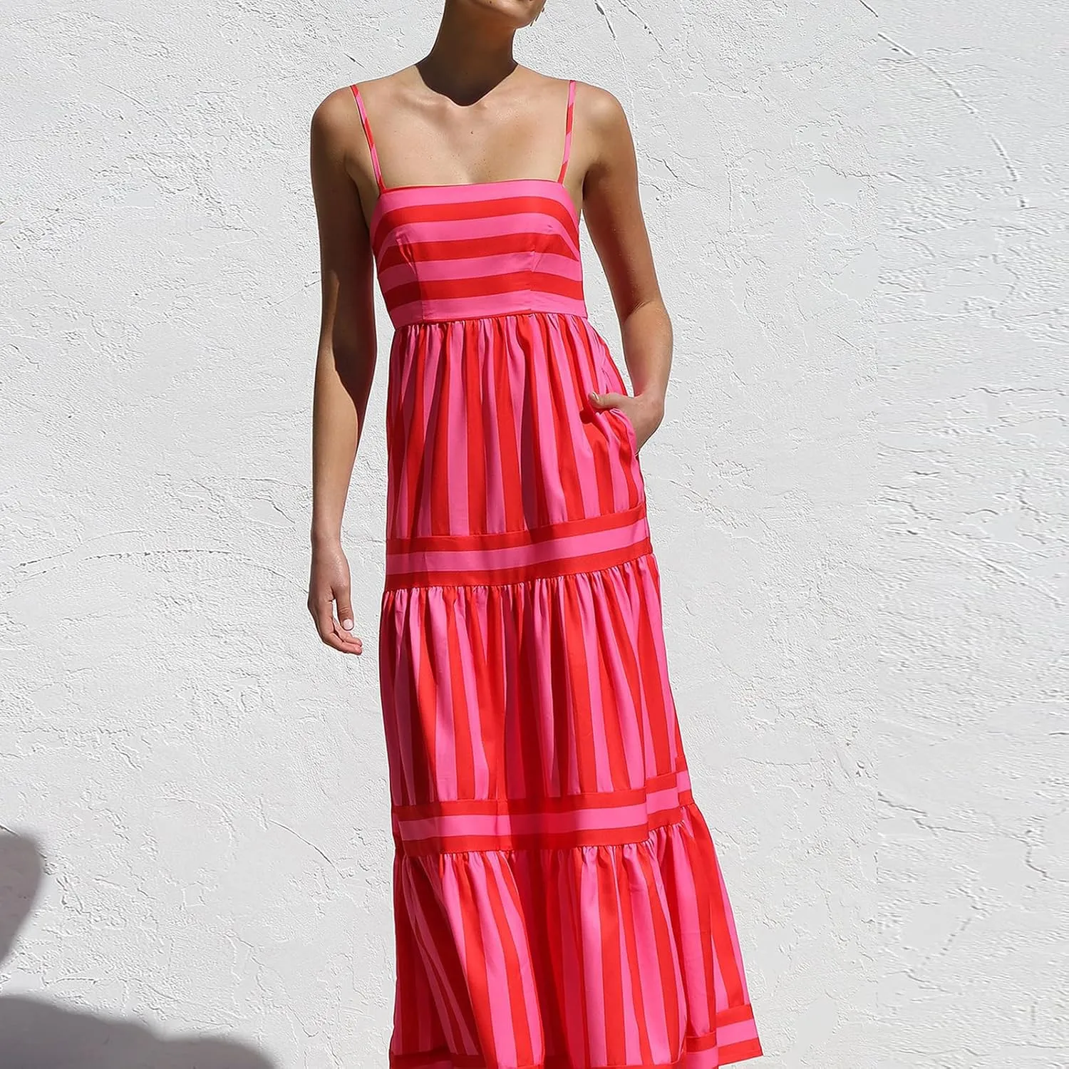 Women's Maxi Boho Dress Striped Print Sleeveless Spaghetti Straps Square Neck Dresses Beach Sundress with Pockets