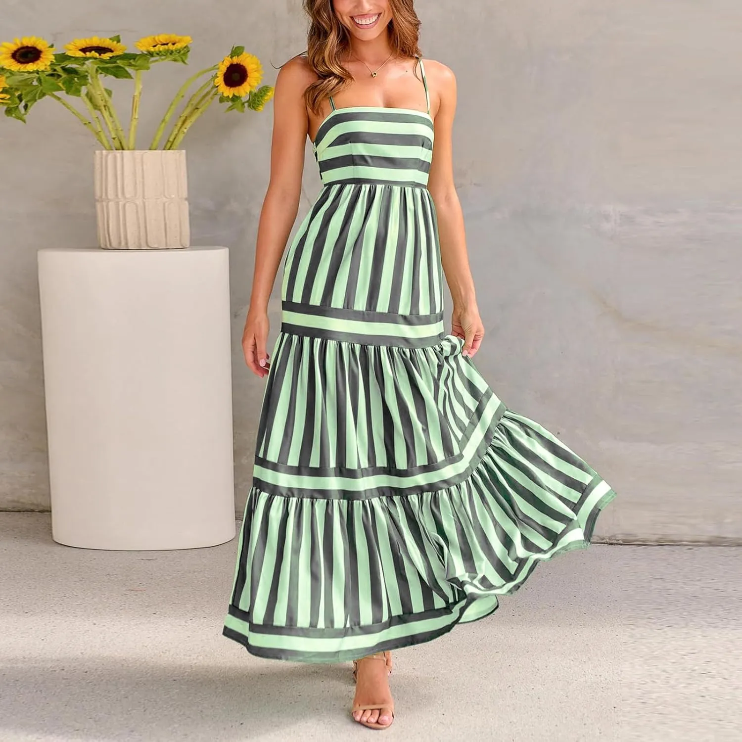Women's Maxi Boho Dress Striped Print Sleeveless Spaghetti Straps Square Neck Dresses Beach Sundress with Pockets