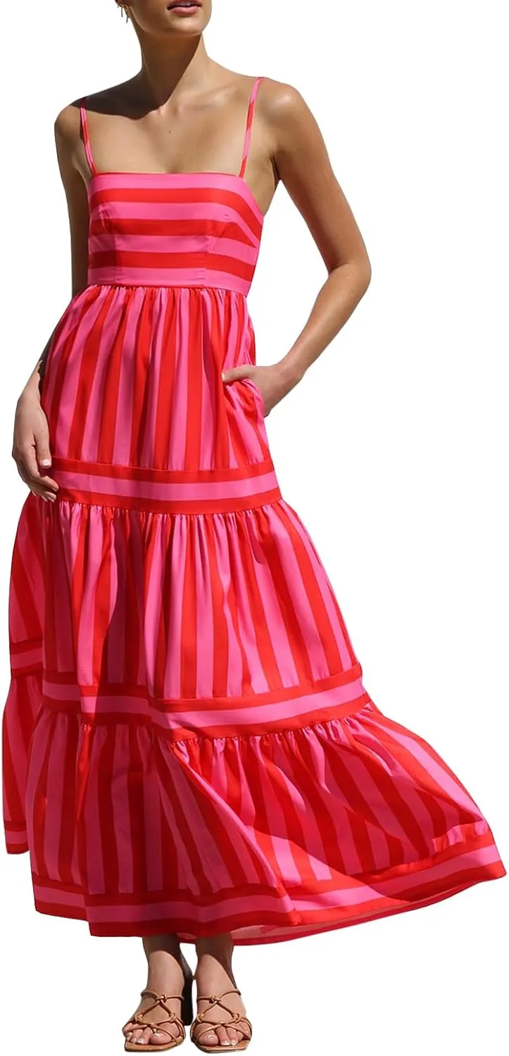 Women's Maxi Boho Dress Striped Print Sleeveless Spaghetti Straps Square Neck Dresses Beach Sundress with Pockets