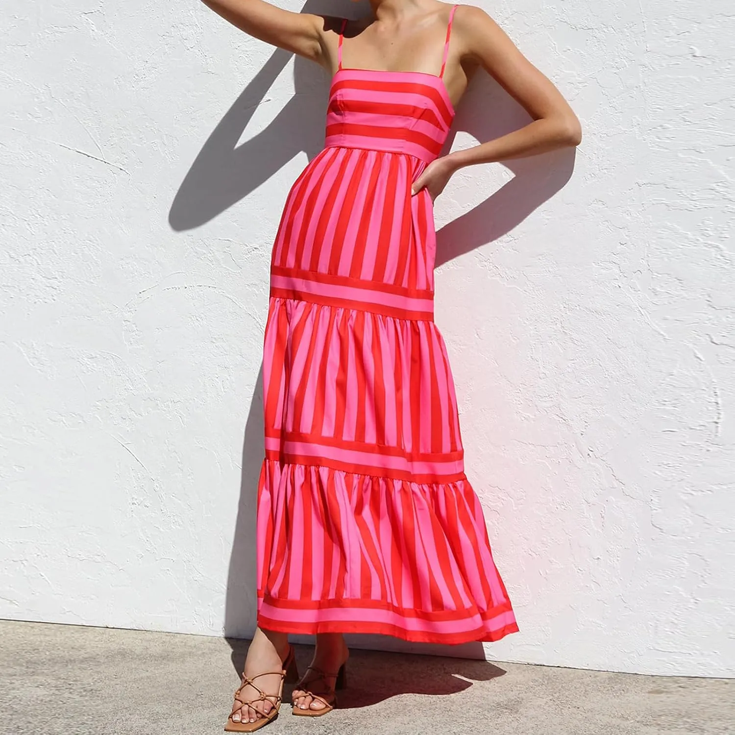 Women's Maxi Boho Dress Striped Print Sleeveless Spaghetti Straps Square Neck Dresses Beach Sundress with Pockets