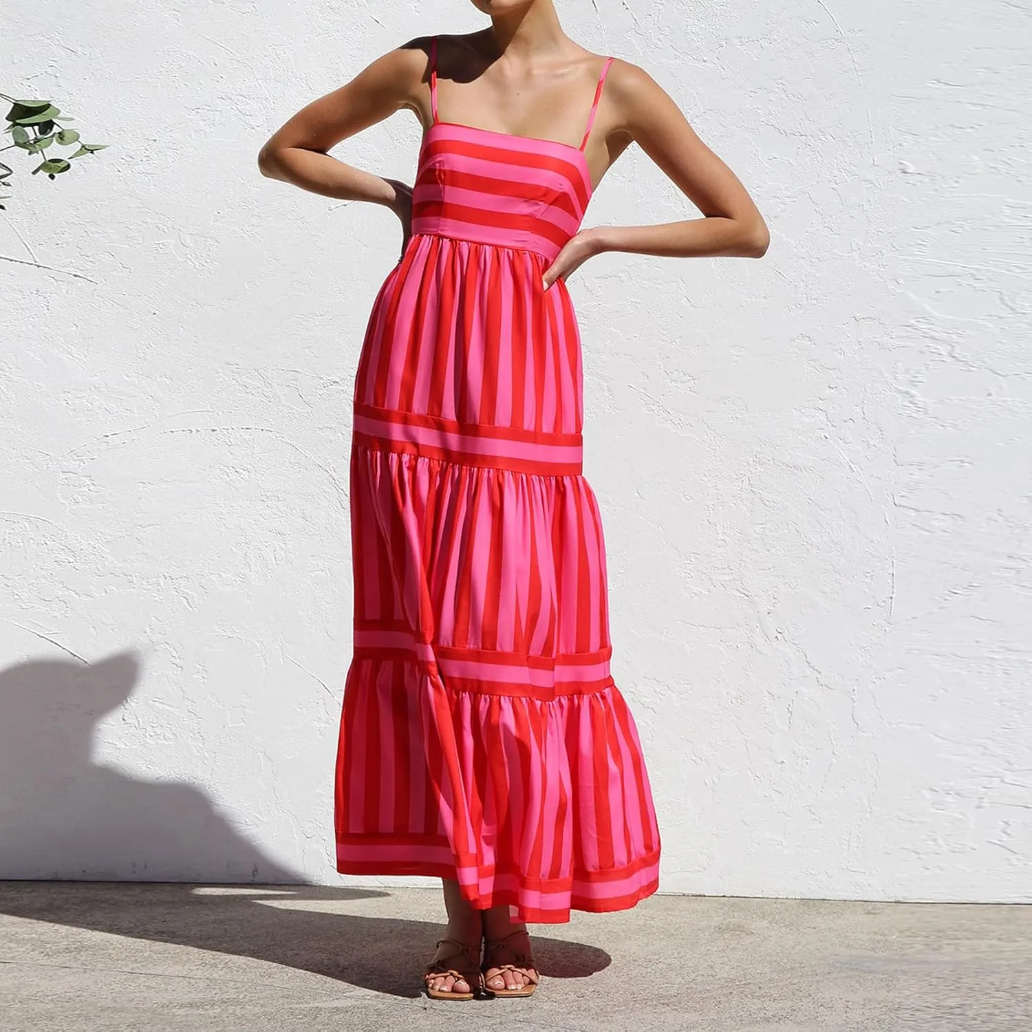 Women's Maxi Boho Dress Striped Print Sleeveless Spaghetti Straps Square Neck Dresses Beach Sundress with Pockets