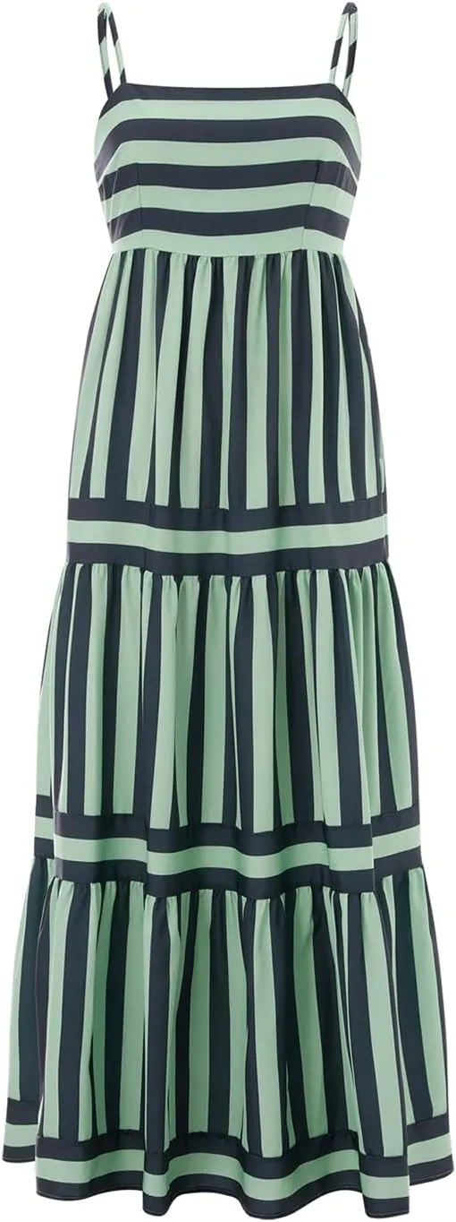 Women's Maxi Boho Dress Striped Print Sleeveless Spaghetti Straps Square Neck Dresses Beach Sundress with Pockets