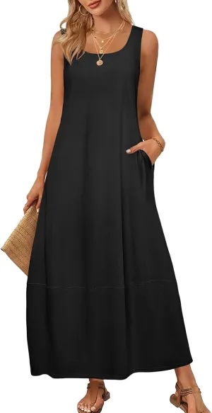 Womens Maxi Sundress Summer Casual Sleeveless Scoop Neck Loose Tank Dress Fashion Dressy Beach Dress with Pockets