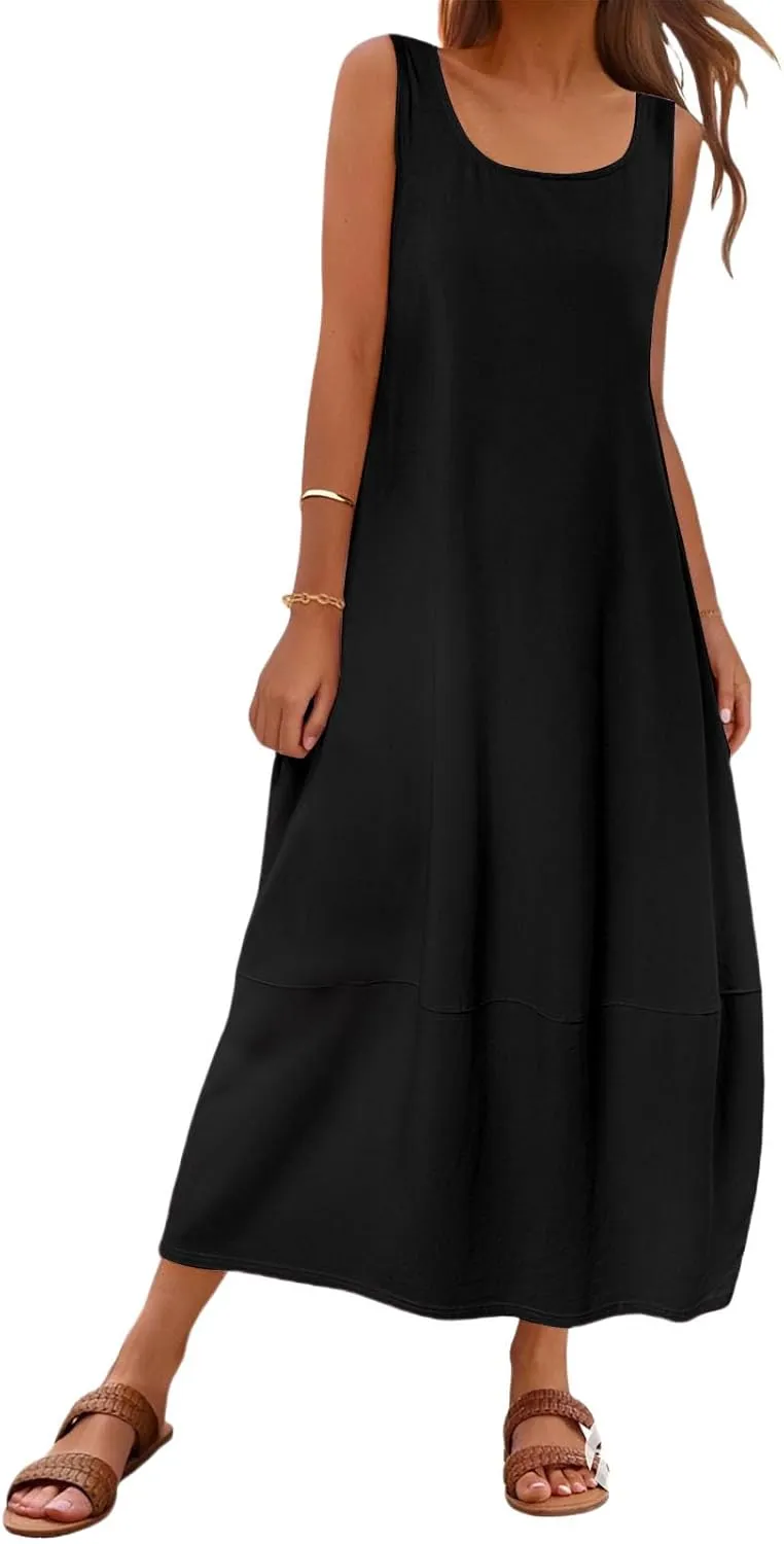 Womens Maxi Sundress Summer Casual Sleeveless Scoop Neck Loose Tank Dress Fashion Dressy Beach Dress with Pockets