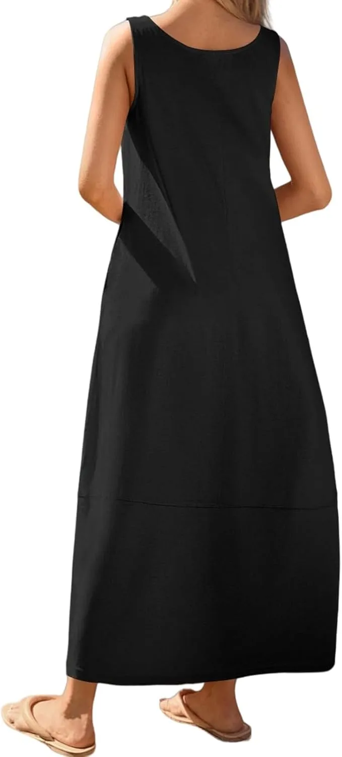 Womens Maxi Sundress Summer Casual Sleeveless Scoop Neck Loose Tank Dress Fashion Dressy Beach Dress with Pockets