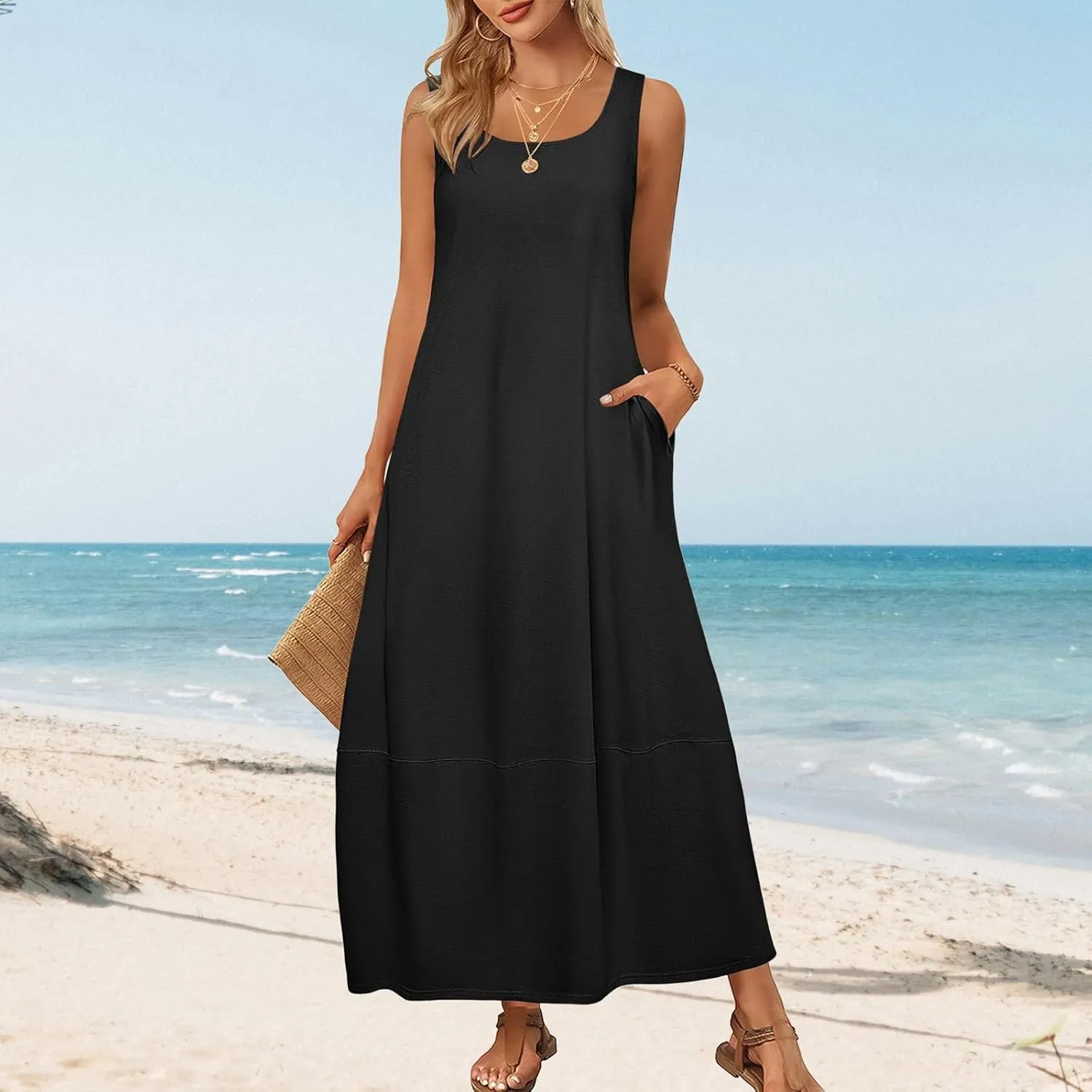 Womens Maxi Sundress Summer Casual Sleeveless Scoop Neck Loose Tank Dress Fashion Dressy Beach Dress with Pockets