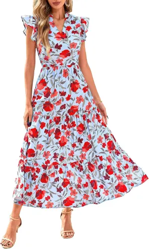 Womens Midi Dress Summer Floral V Neck Cap Sleeve A Line Ruffle Dress Boho Casual Flowy Beach Vacation Long Dresses