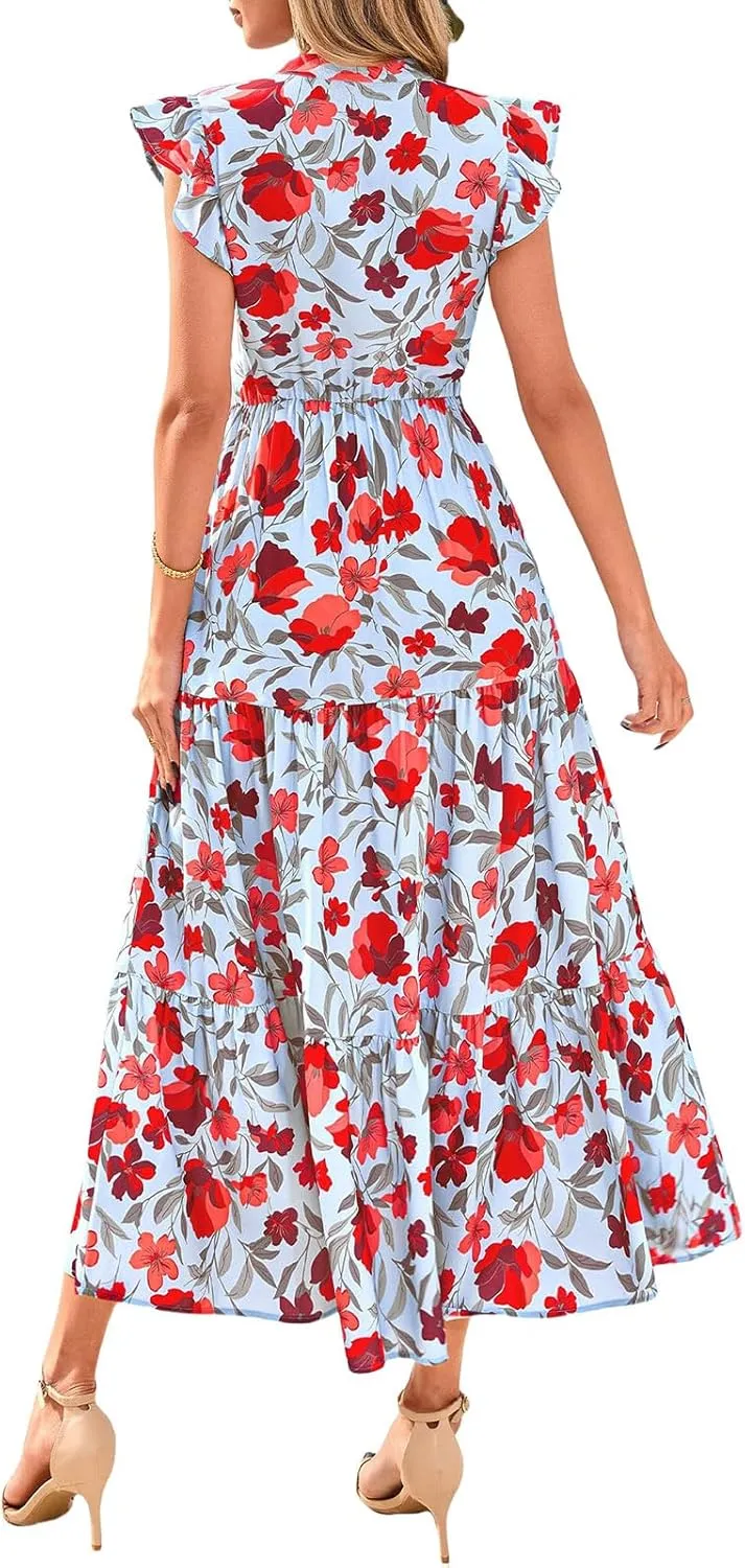Womens Midi Dress Summer Floral V Neck Cap Sleeve A Line Ruffle Dress Boho Casual Flowy Beach Vacation Long Dresses