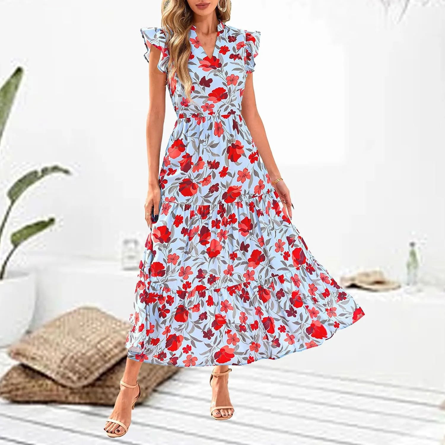 Womens Midi Dress Summer Floral V Neck Cap Sleeve A Line Ruffle Dress Boho Casual Flowy Beach Vacation Long Dresses