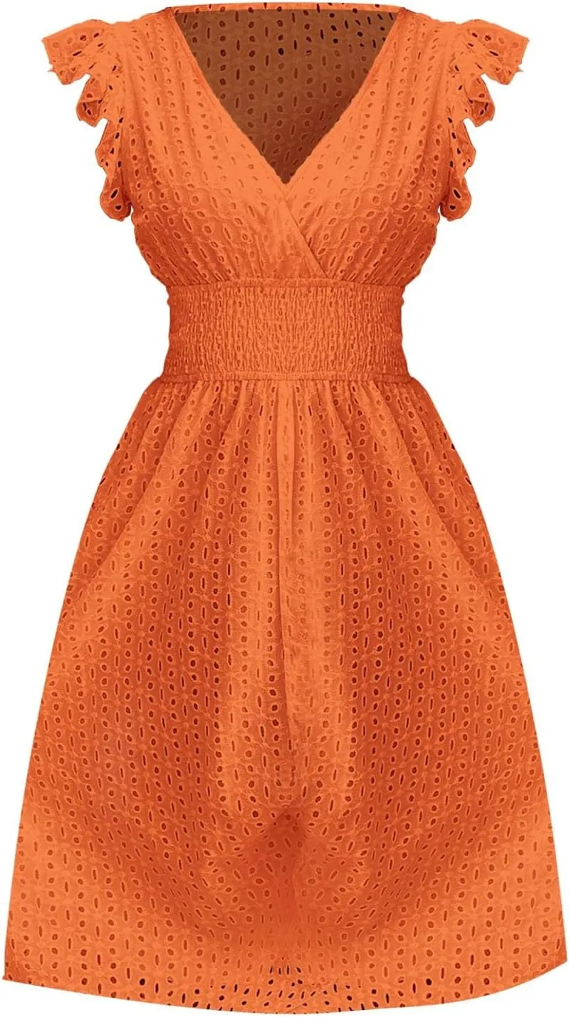 Women's Midi Lace Jacquard Cutout Slimming Sexy V Neck Plus Size Dresses Sheer Sundress