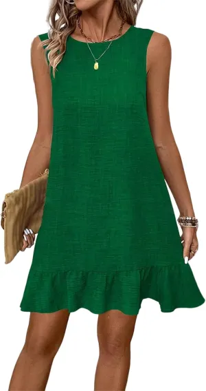 Womens Mini Dress Summer Sleeveless Ruffle Hem A Line Dresses Casual Loose Swing Vacation Beach Sundress