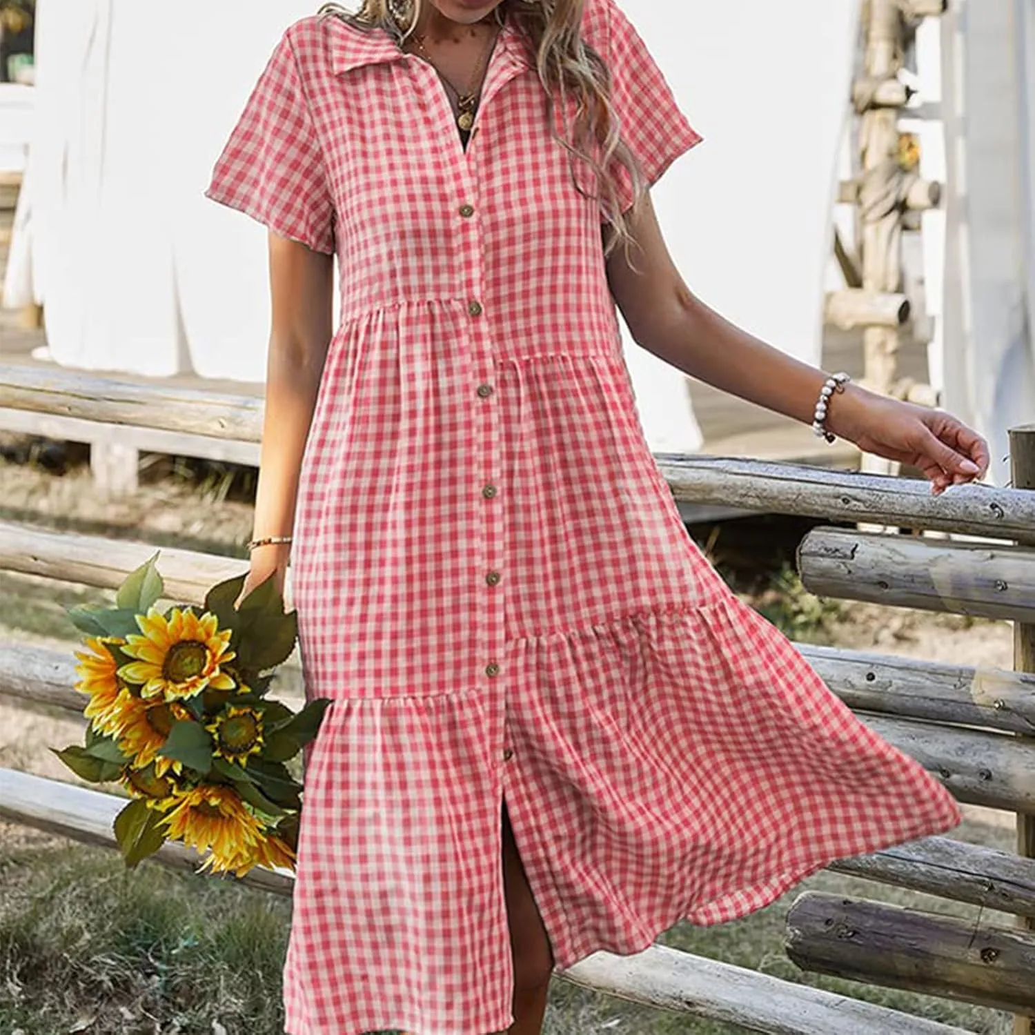 Women's Plaid Dress Summer Causal Comfy Pleated Skirts Shirt Collar Button Short-Sleeved Business Loose midi Dresses